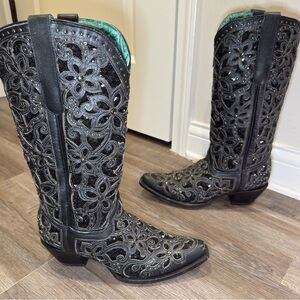 Corral Glitter Inlay Floral Overlay Crystals Studs Cowboy Black Leather Boots